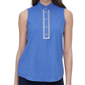 Tommy Hilfiger NWT LINEN Blend Lace Trim French Blue Blouse, Size Large